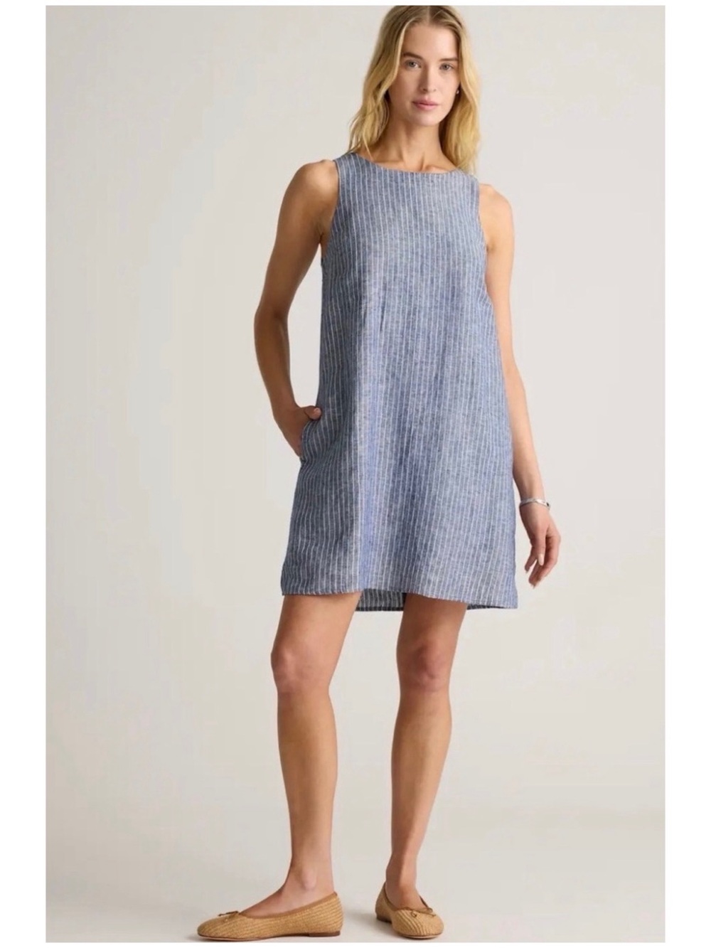 Quince Women’s Sz M Blue Stripe Linen Tank Dress Mini Sleeveless